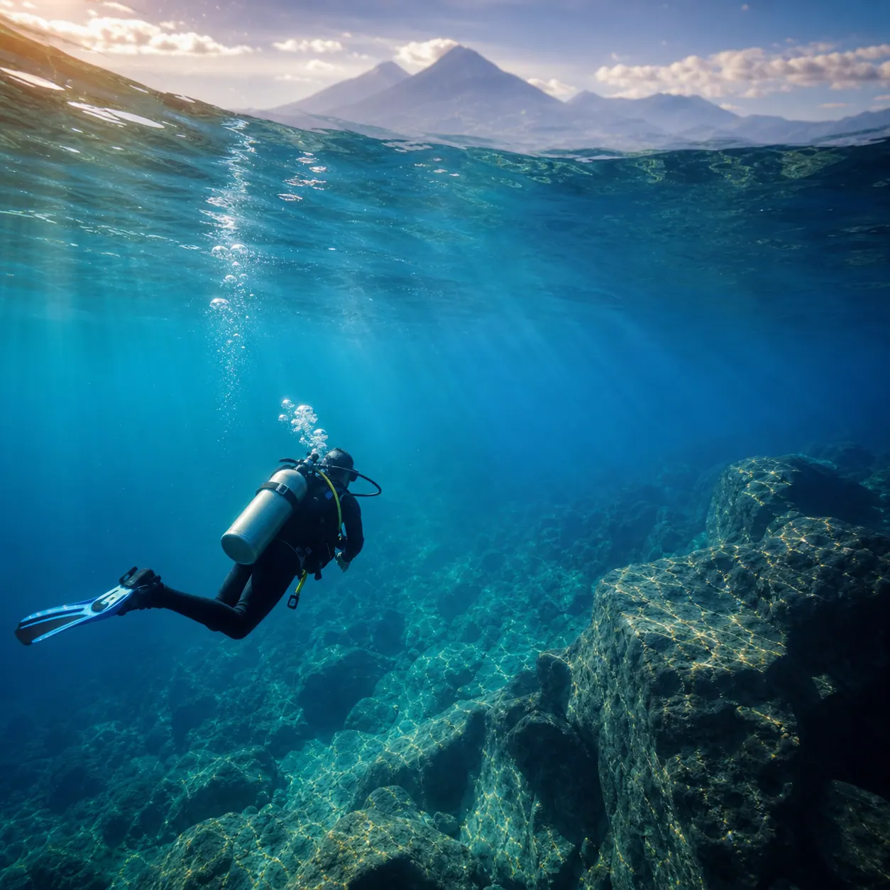 Buzo explorando aguas claras en una experiencia de buceo de altura