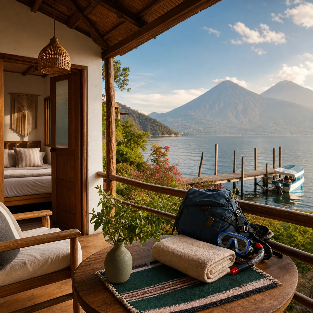 Habitación y terraza frente al Lago de Atitlán